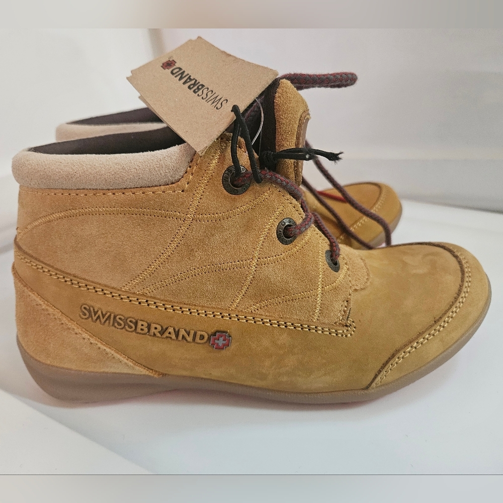 Swissbrand Tan Suede Leather Ankle Boots Sz 7 Us 37 Eur New